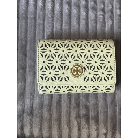 Tory Burch Handbags - Tory Burch Robinson Floral Perforated Medium Wallet Mint Julep